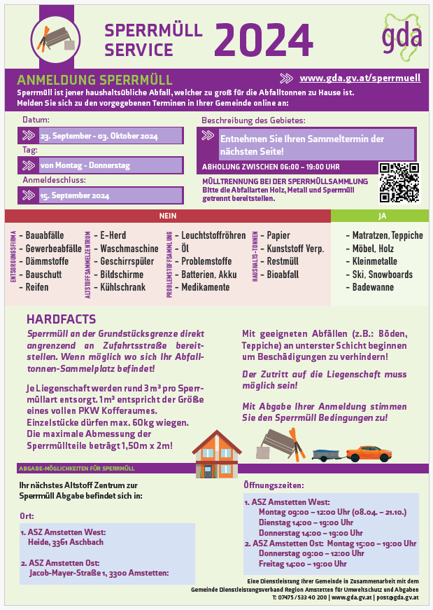Plakat für die Anmeldung und Informationen der Sperrmüllsammlung 2024 in Amstetten